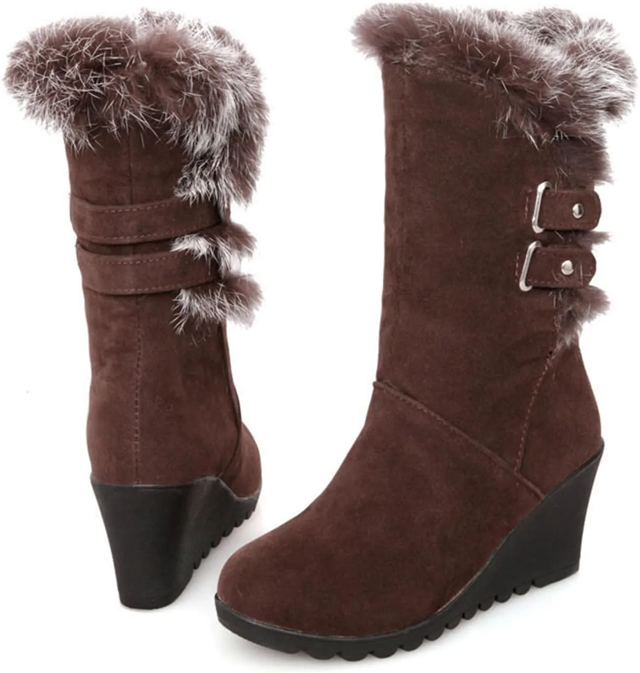 GUNIYIFS Womens Winter Snow Boots Wedge Fur Lined Warm Boots Mid-Calf boots Boots Comfortable Slip On Suede Outdoor Shoes