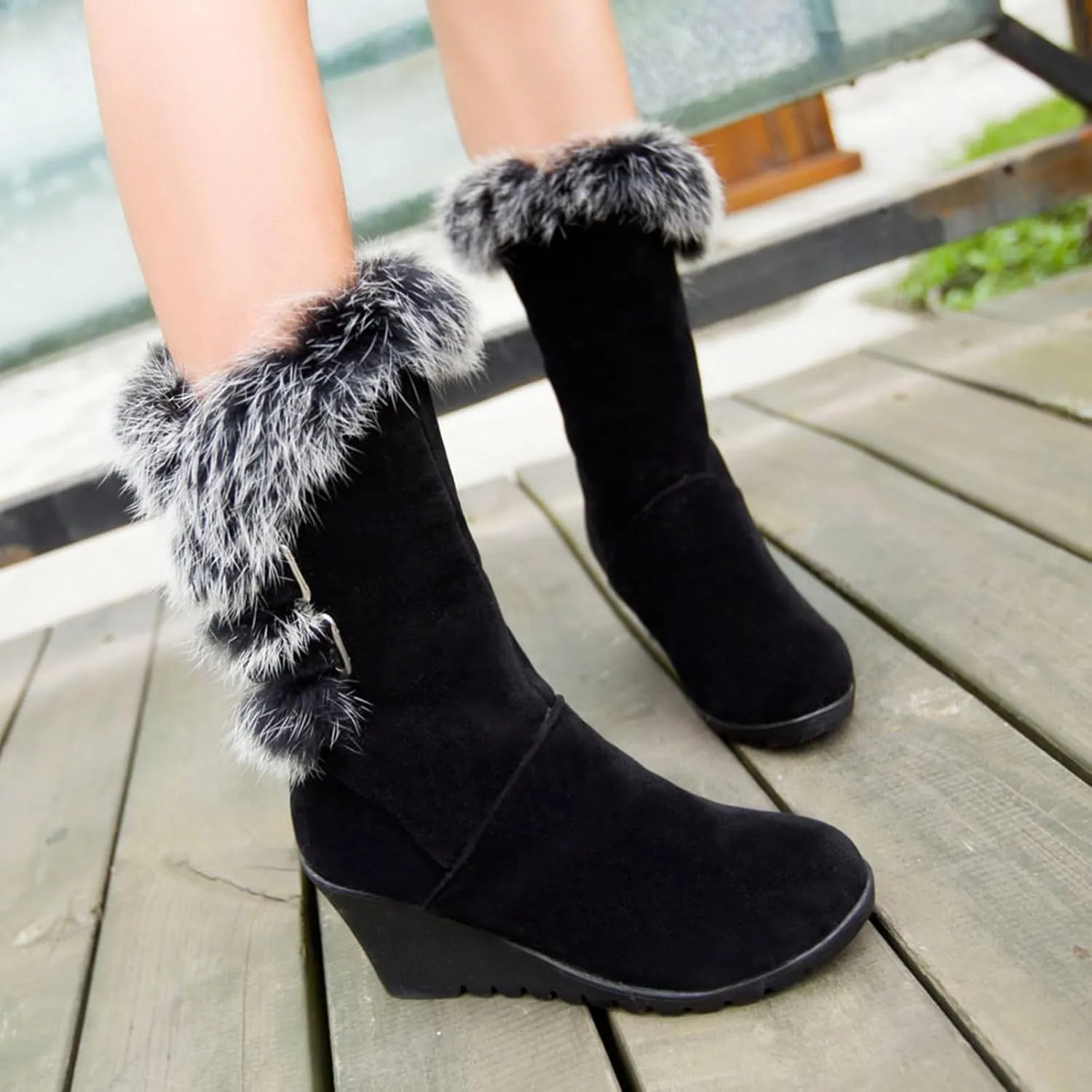 GUNIYIFS Womens Winter Snow Boots Wedge Fur Lined Warm Boots Mid-Calf boots Boots Comfortable Slip On Suede Outdoor Shoes