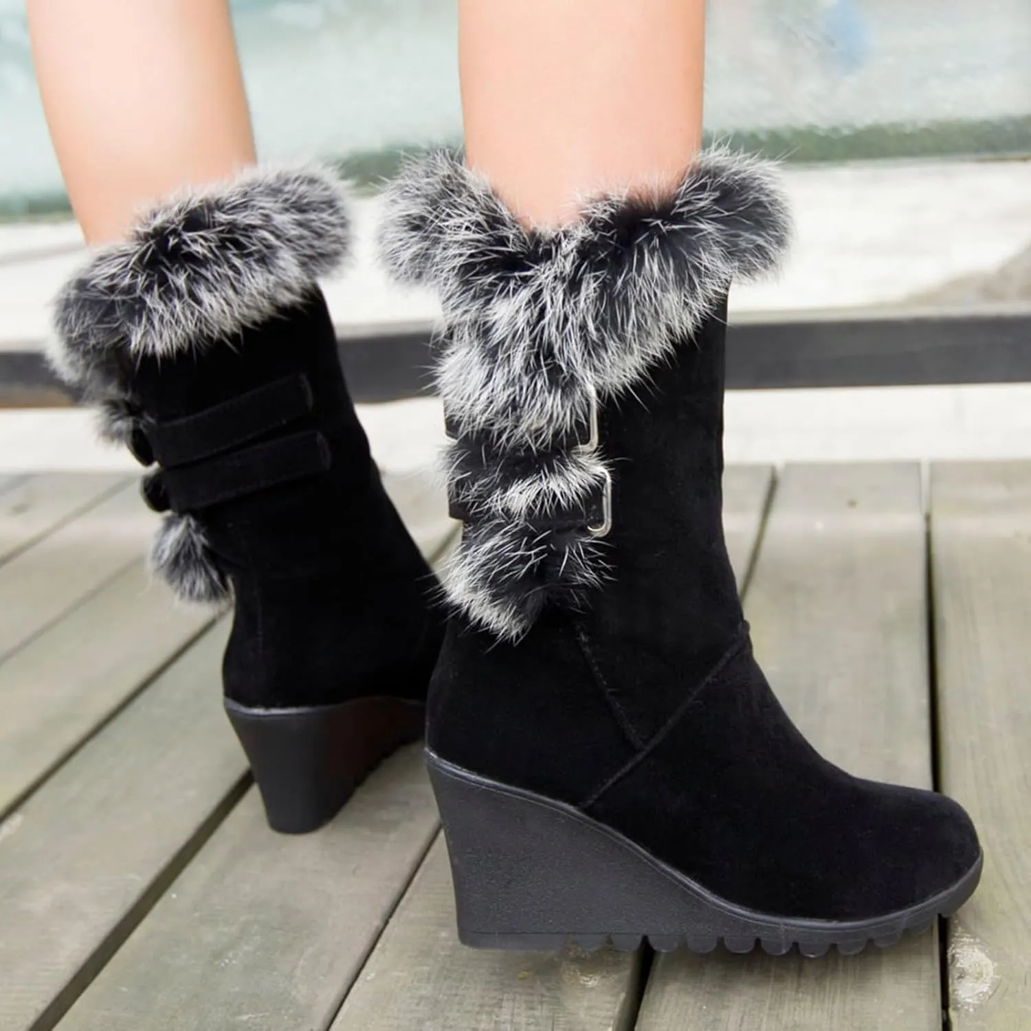 GUNIYIFS Womens Winter Snow Boots Wedge Fur Lined Warm Boots Mid-Calf boots Boots Comfortable Slip On Suede Outdoor Shoes