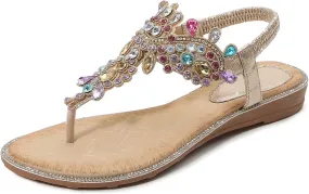 iCKER Women Rhinestone Sandals T-Strap Buckle Bohemian Pearl Crystal Flat Sandals