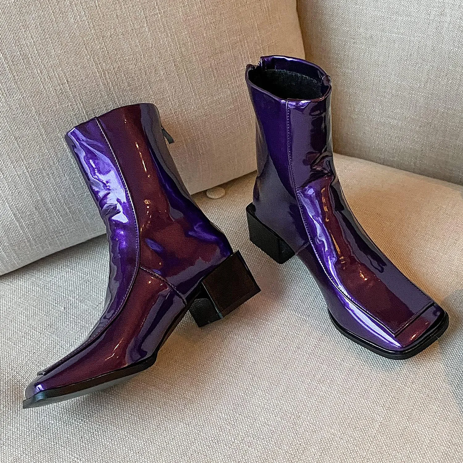 LEHOOR Women Chunky Heel Back Zipper Ankle Boots Patent Leather Square Toe GO GO Booties Mid Calf Comfort Zip UP 2 Inch Block Heel Short Boots Chic Cool Dress Casual 4-11 M US