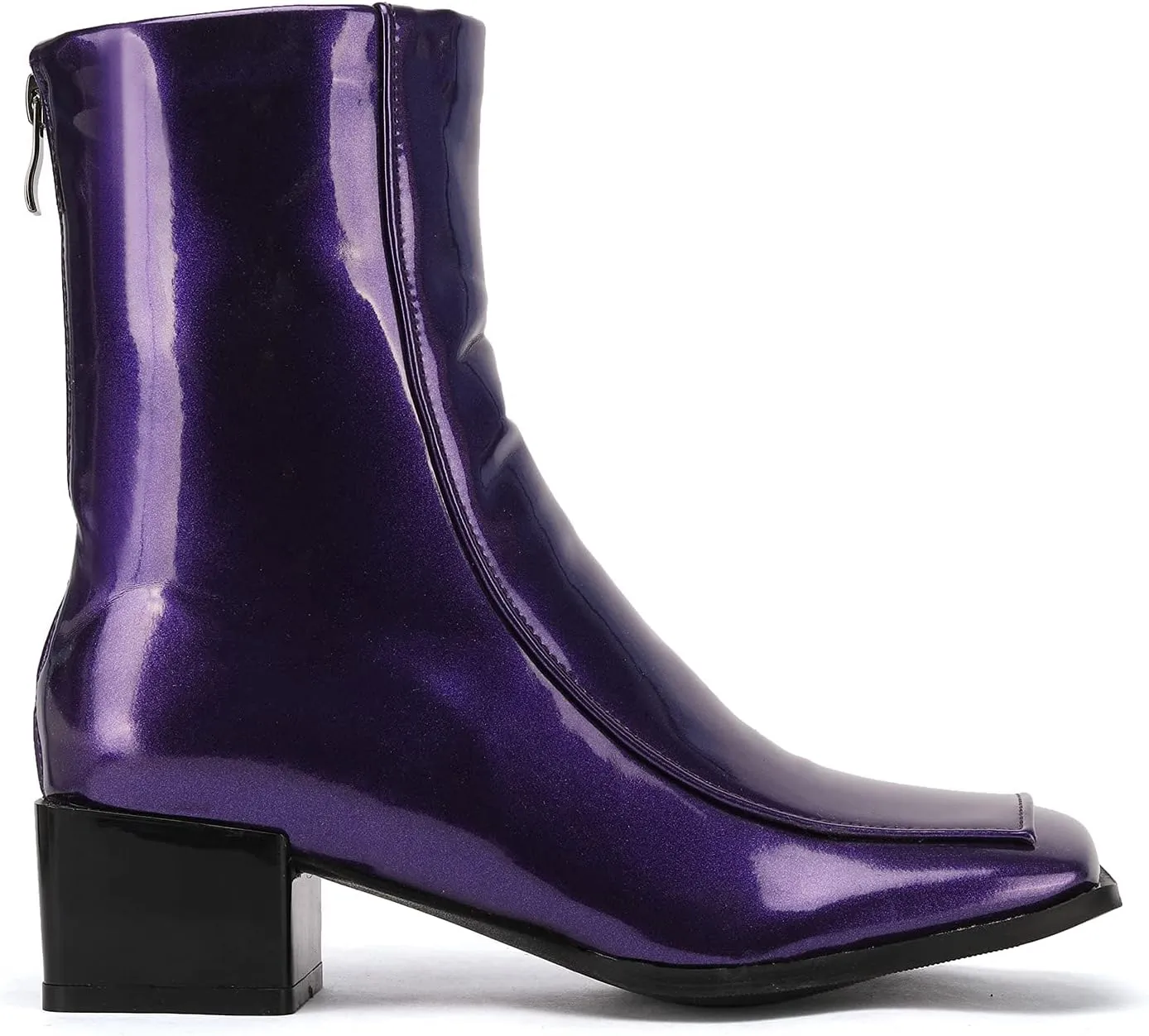 LEHOOR Women Chunky Heel Back Zipper Ankle Boots Patent Leather Square Toe GO GO Booties Mid Calf Comfort Zip UP 2 Inch Block Heel Short Boots Chic Cool Dress Casual 4-11 M US