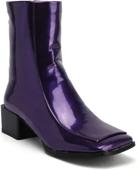 LEHOOR Women Chunky Heel Back Zipper Ankle Boots Patent Leather Square Toe GO GO Booties Mid Calf Comfort Zip UP 2 Inch Block Heel Short Boots Chic Cool Dress Casual 4-11 M US