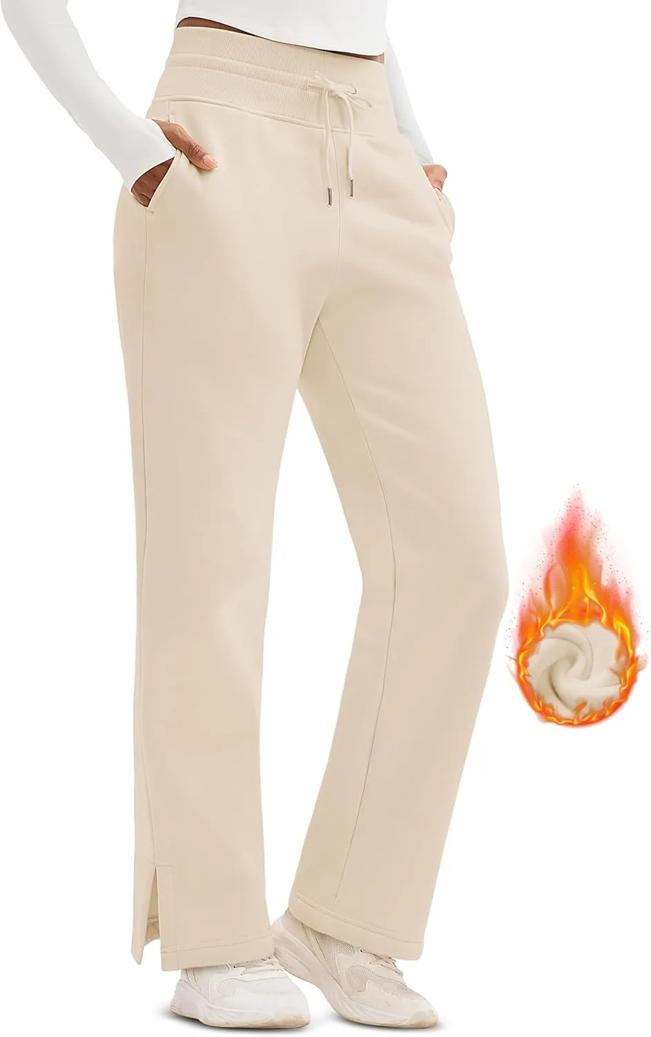 MAGCOMSEN Women's Wide Leg Sweatpants Fleece Lined Lounge Pants High Waisted Baggy Warm Winter Pants with Pockets