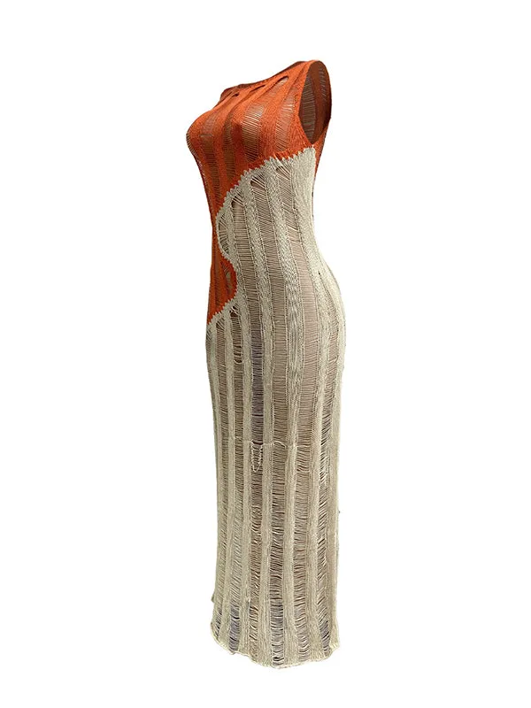 Momnfancy Chic Hit Color Patchwork Crochet Transparent Distressed Bodycon Babyshower Vacation Maternity Maxi Dress