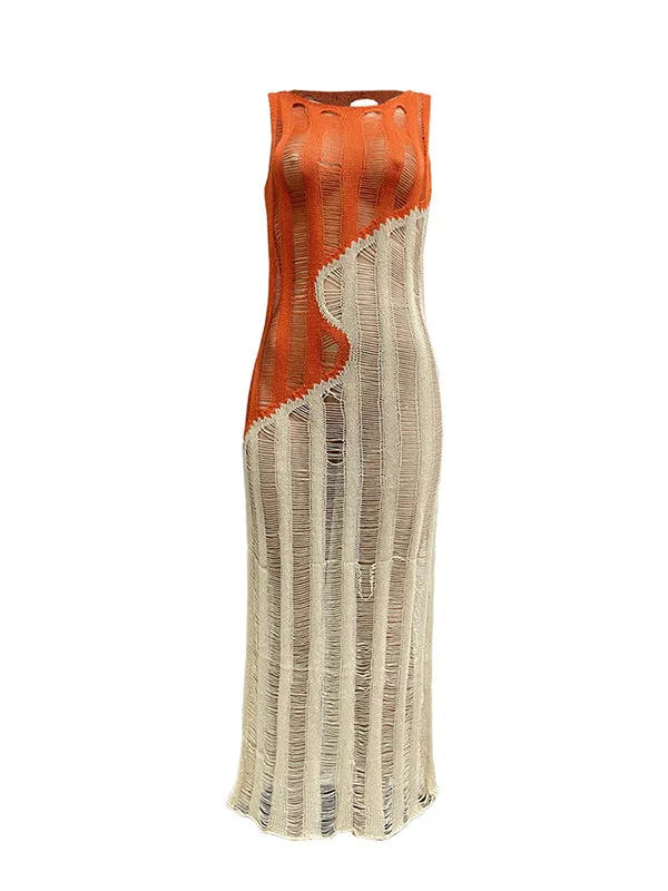 Momnfancy Chic Hit Color Patchwork Crochet Transparent Distressed Bodycon Babyshower Vacation Maternity Maxi Dress