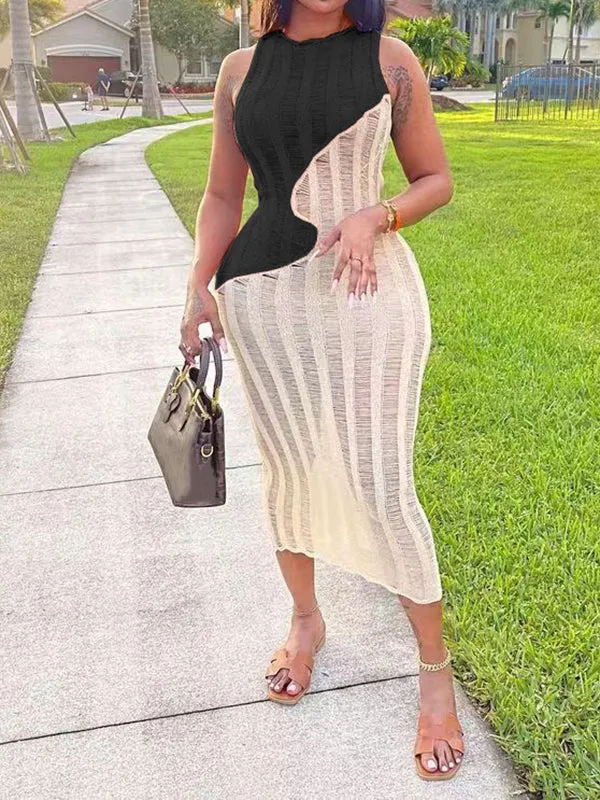 Momnfancy Chic Hit Color Patchwork Crochet Transparent Distressed Bodycon Babyshower Vacation Maternity Maxi Dress