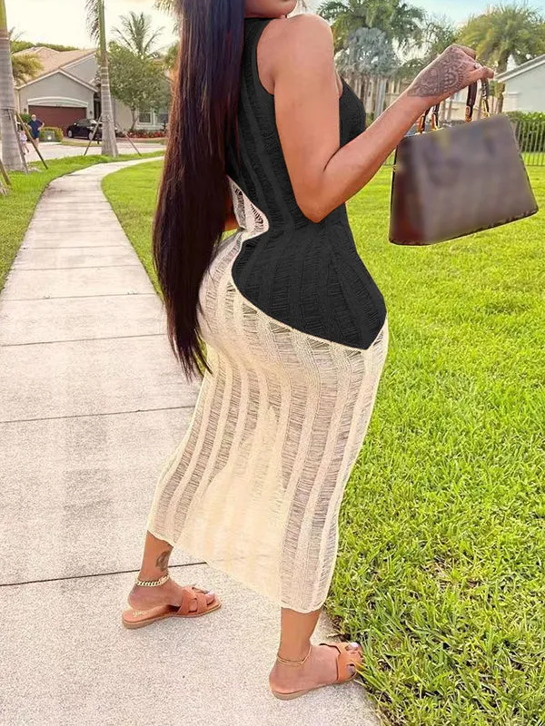 Momnfancy Chic Hit Color Patchwork Crochet Transparent Distressed Bodycon Babyshower Vacation Maternity Maxi Dress