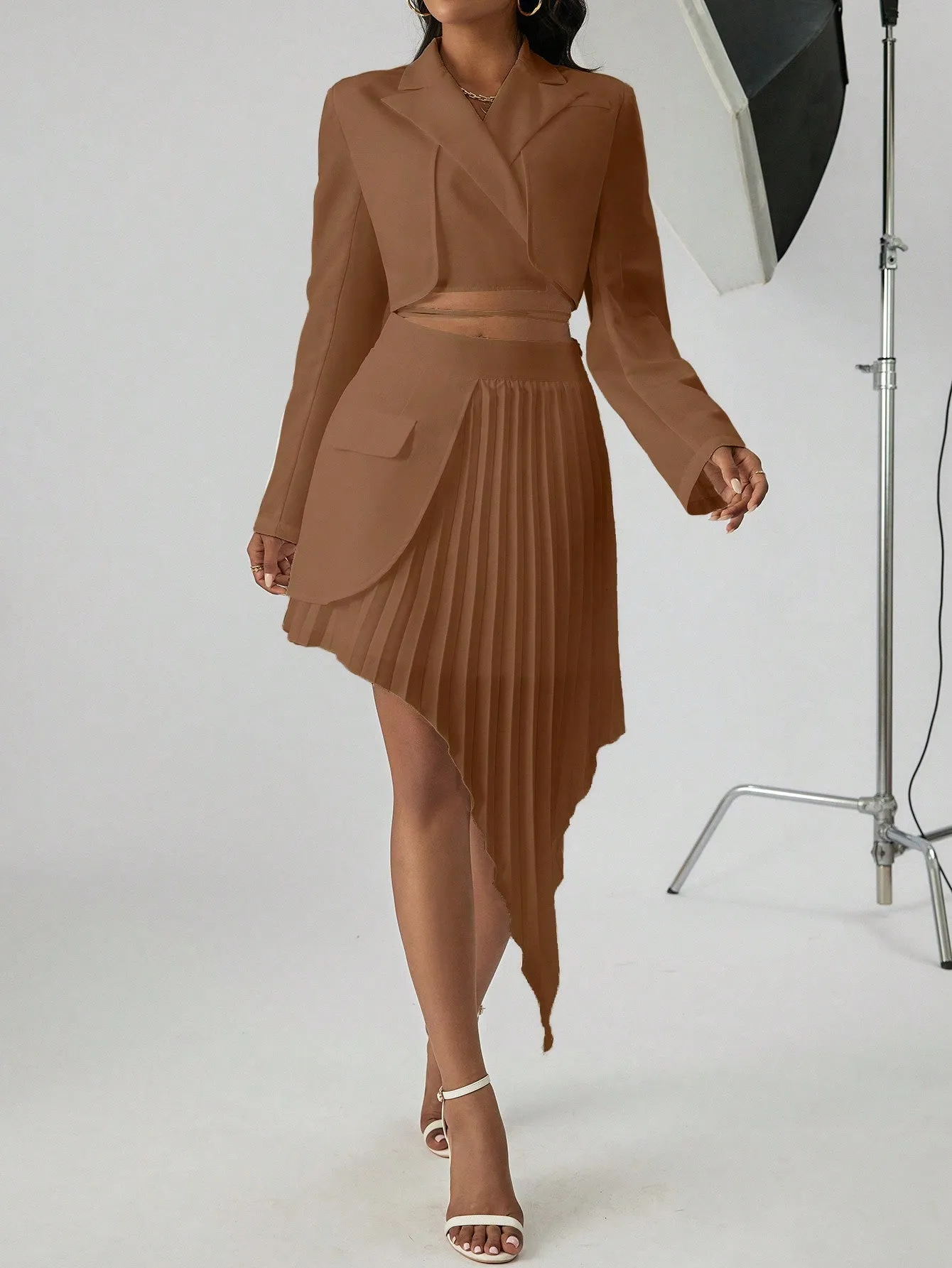 Peak Collar Crop Blazer & Asymmetrical Hem Pleated Skirt
