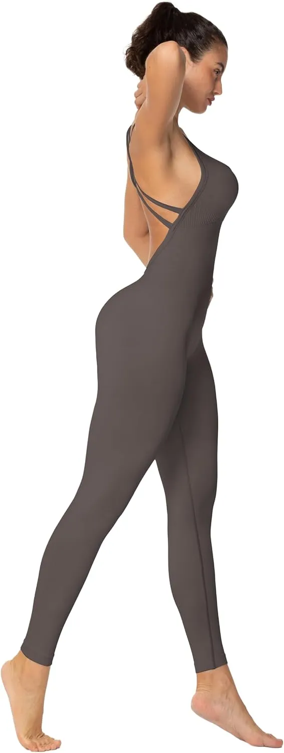 Sunzel Jumpsuits for Women Backless, Seamless Workout One Piece Bodycon Romper Scoop Neck, Butt Scrunch Leggings Unitard