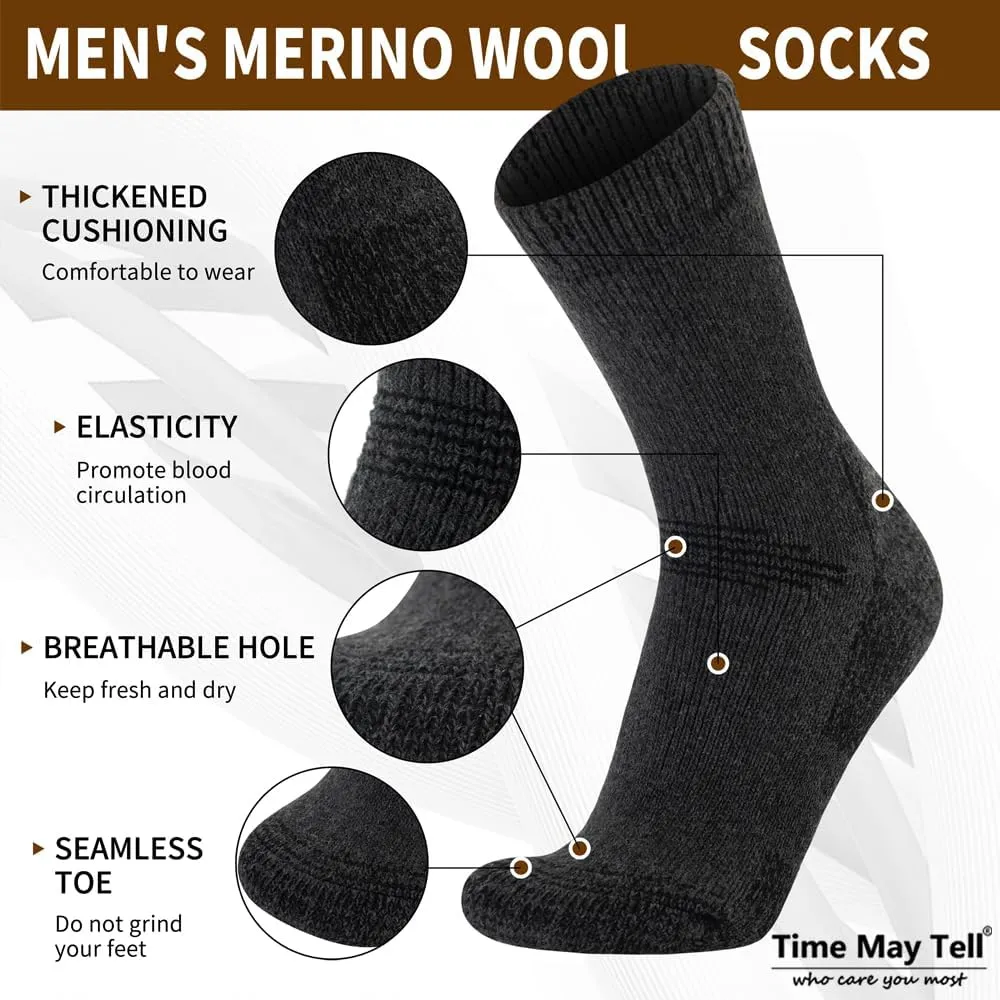 Time May Tell Mens Merino Wool Hiking Cushioning Socks For Outdoor Wool-Socks-For-Mens 3 Pack