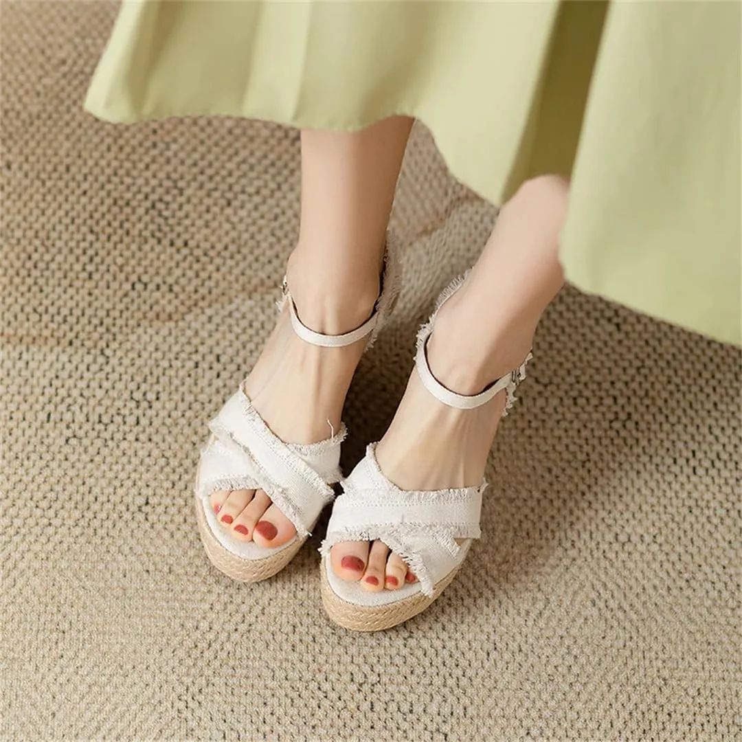 Women Platform Wedge Sandals Open Toe High Heel Denim Open Toe Strap Sandals