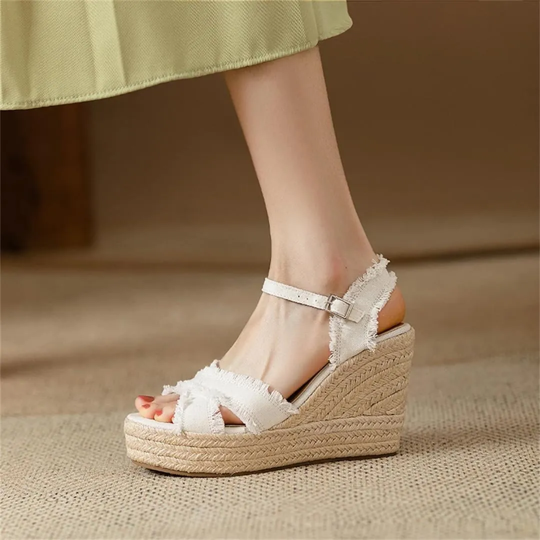 Women Platform Wedge Sandals Open Toe High Heel Denim Open Toe Strap Sandals