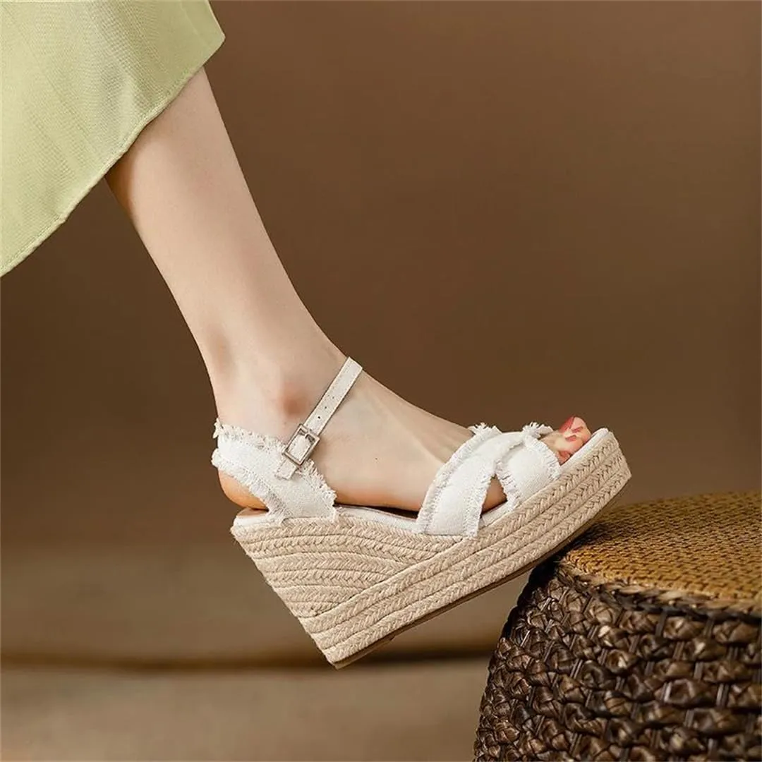 Women Platform Wedge Sandals Open Toe High Heel Denim Open Toe Strap Sandals