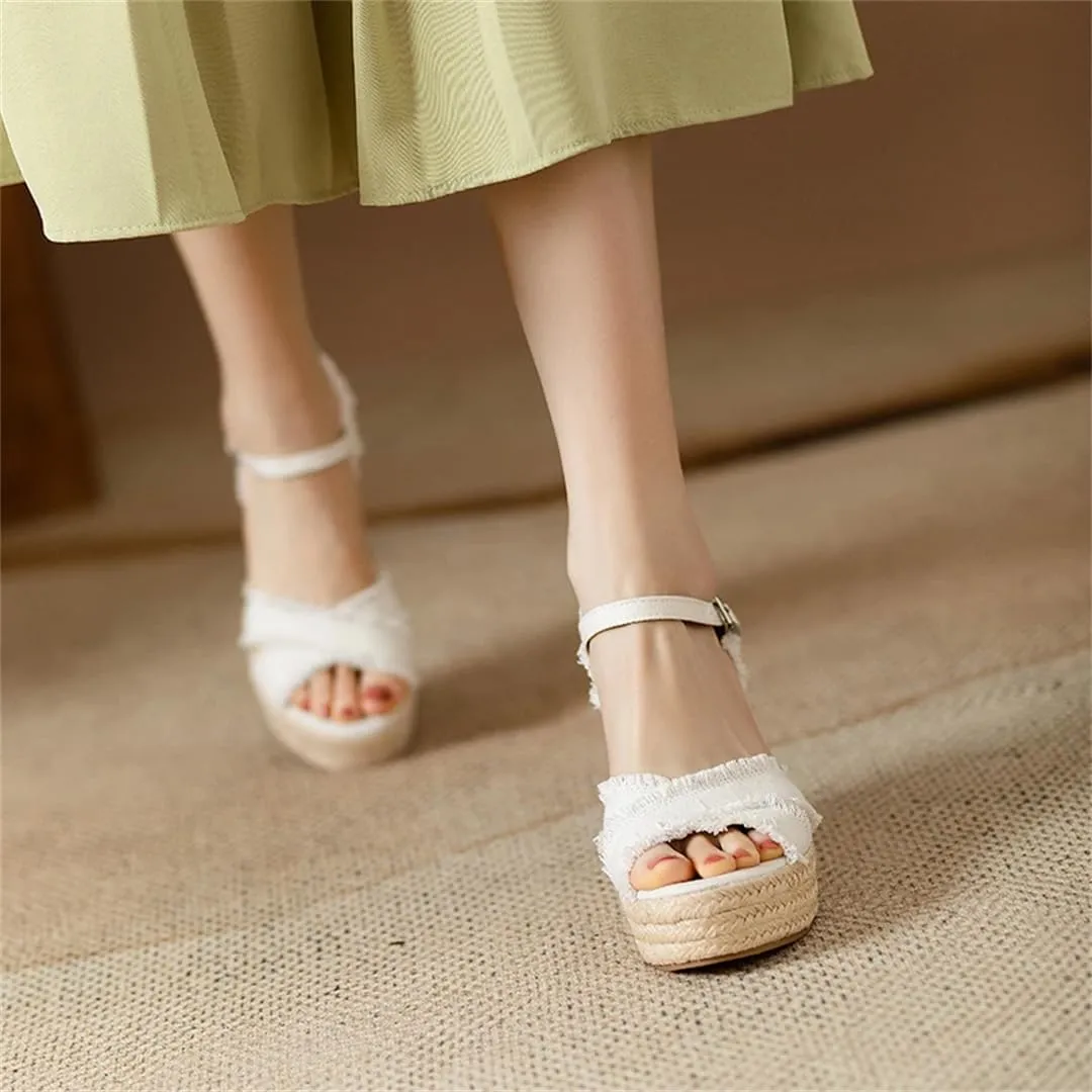 Women Platform Wedge Sandals Open Toe High Heel Denim Open Toe Strap Sandals