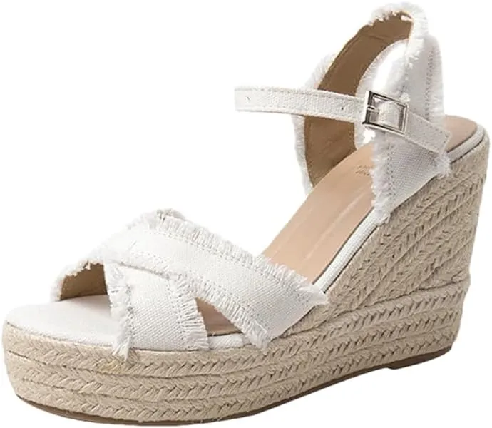 Women Platform Wedge Sandals Open Toe High Heel Denim Open Toe Strap Sandals