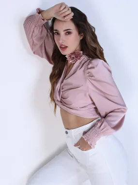 Women Solid Pink Top with Flower Bow