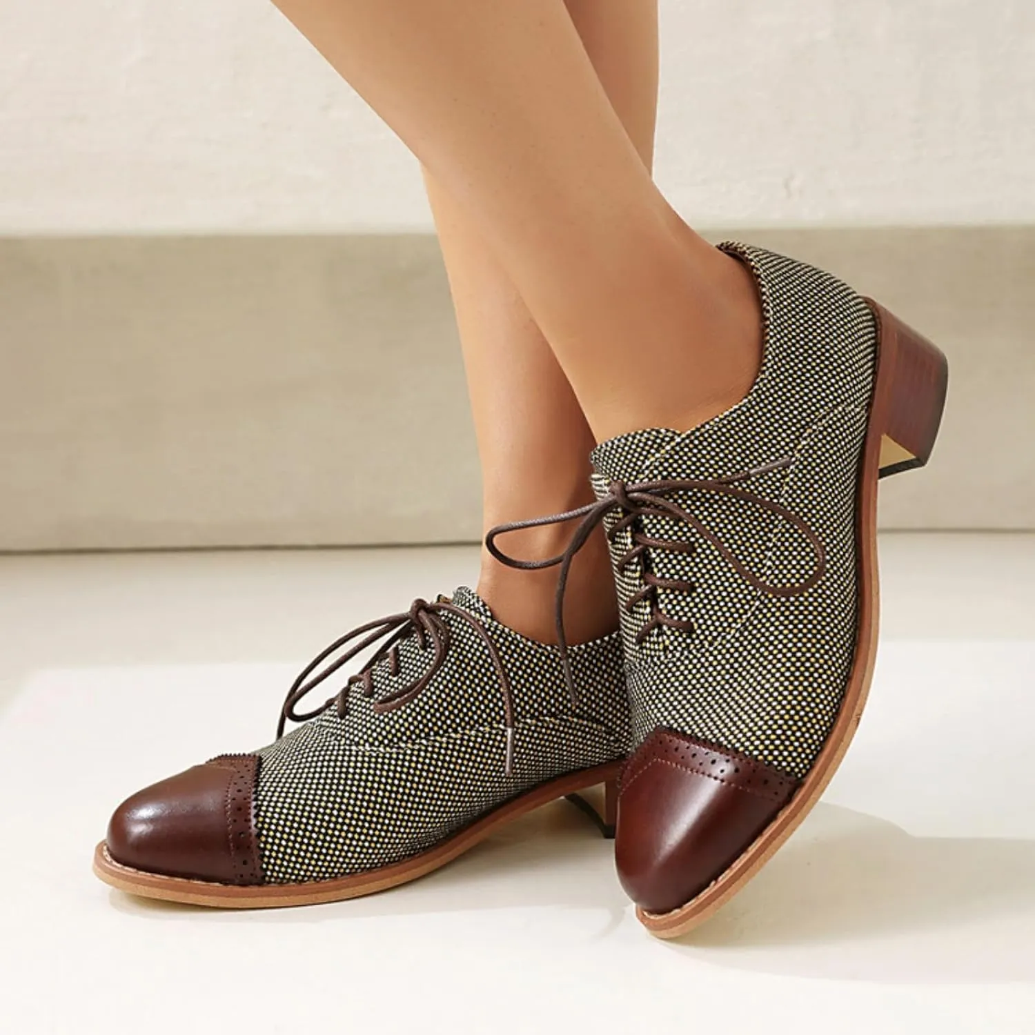 Women's Lace-Up Low Block Chunky Heel Oxfords Fashion Round Toe Patchwork Work Office Business Casual Derby Saddle Shoes