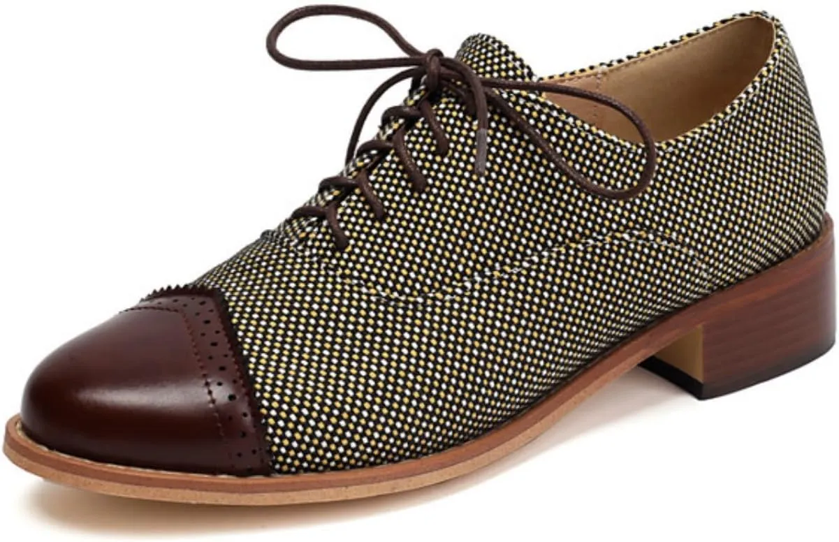 Women's Lace-Up Low Block Chunky Heel Oxfords Fashion Round Toe Patchwork Work Office Business Casual Derby Saddle Shoes