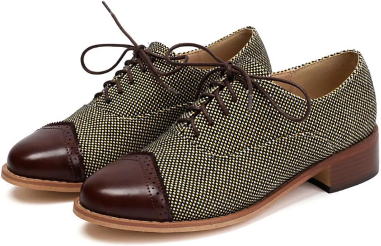 Women's Lace-Up Low Block Chunky Heel Oxfords Fashion Round Toe Patchwork Work Office Business Casual Derby Saddle Shoes
