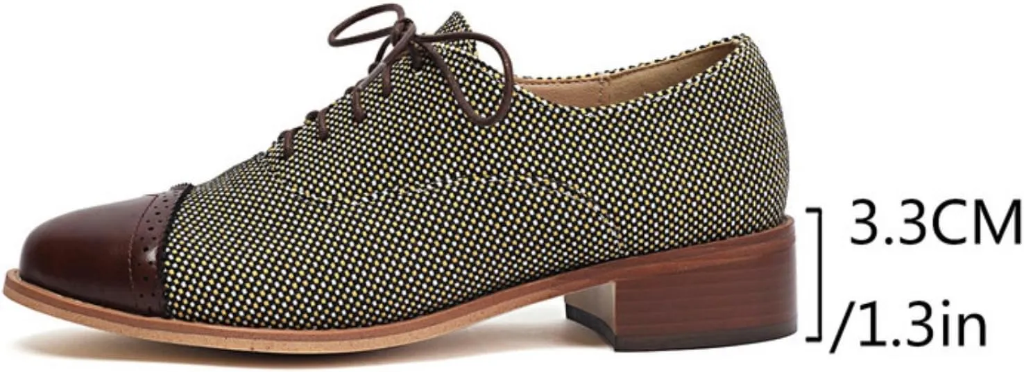Women's Lace-Up Low Block Chunky Heel Oxfords Fashion Round Toe Patchwork Work Office Business Casual Derby Saddle Shoes