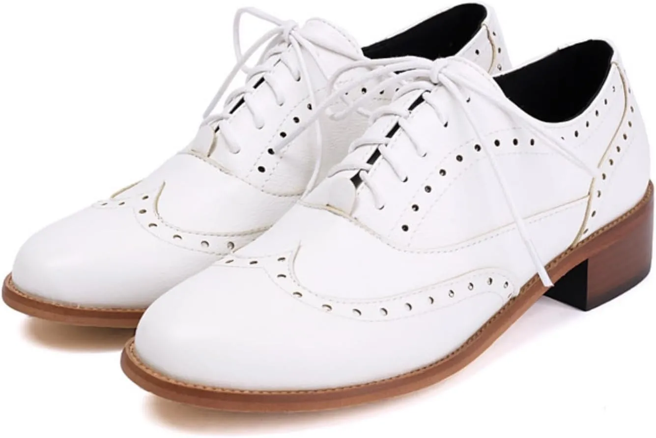 Women's Leather Lace-Up Perforated Oxfords Round Toe Low Chunky Block Heels Flats Brogues Casual Comfortable Derby Saddle Pumps Shoes