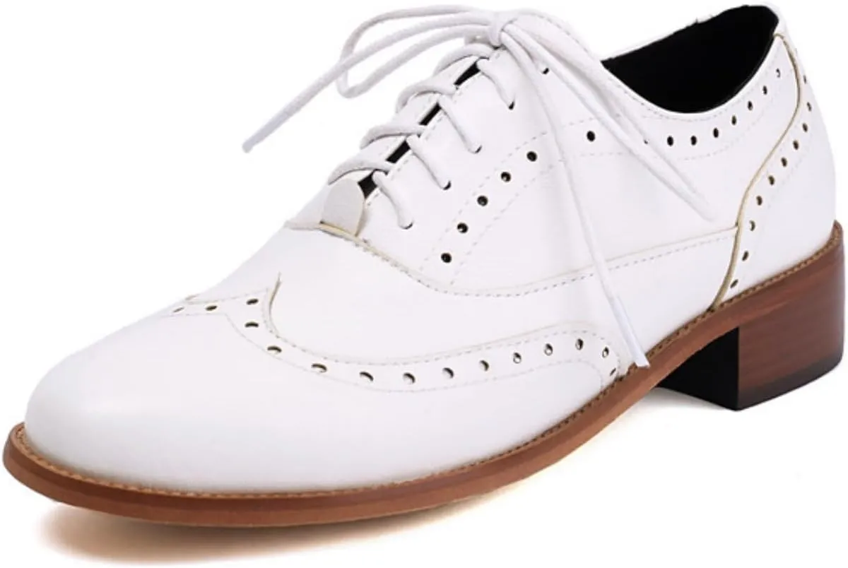 Women's Leather Lace-Up Perforated Oxfords Round Toe Low Chunky Block Heels Flats Brogues Casual Comfortable Derby Saddle Pumps Shoes