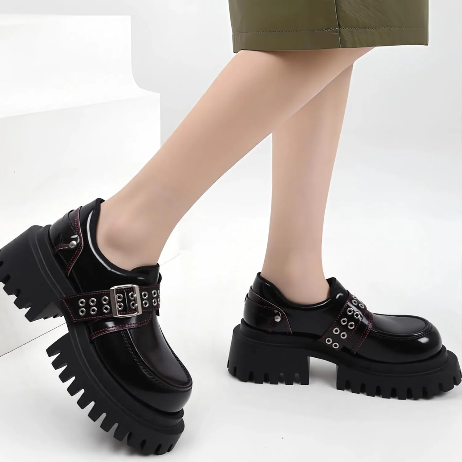 Women's Patent Leather Double-Breasted Chunky Platform Loafers Retro Round-Toed Lug Sole Anti-Slider Heel Slip-On Gothic Dress Shoes