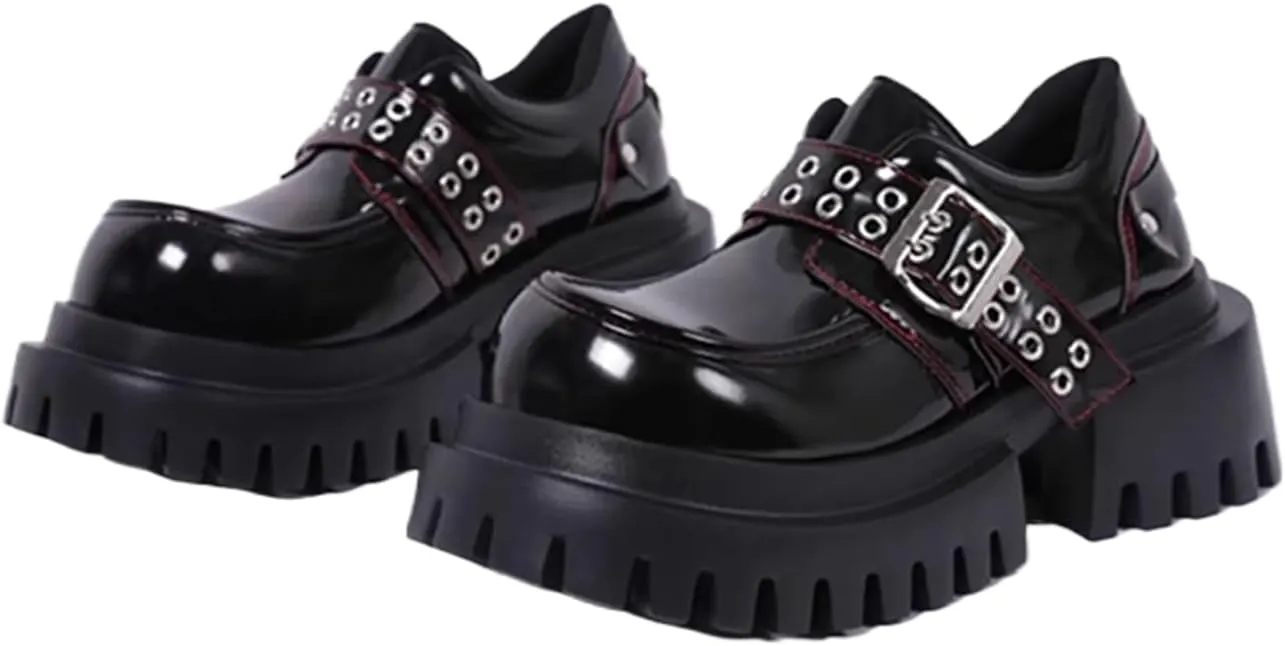 Women's Patent Leather Double-Breasted Chunky Platform Loafers Retro Round-Toed Lug Sole Anti-Slider Heel Slip-On Gothic Dress Shoes