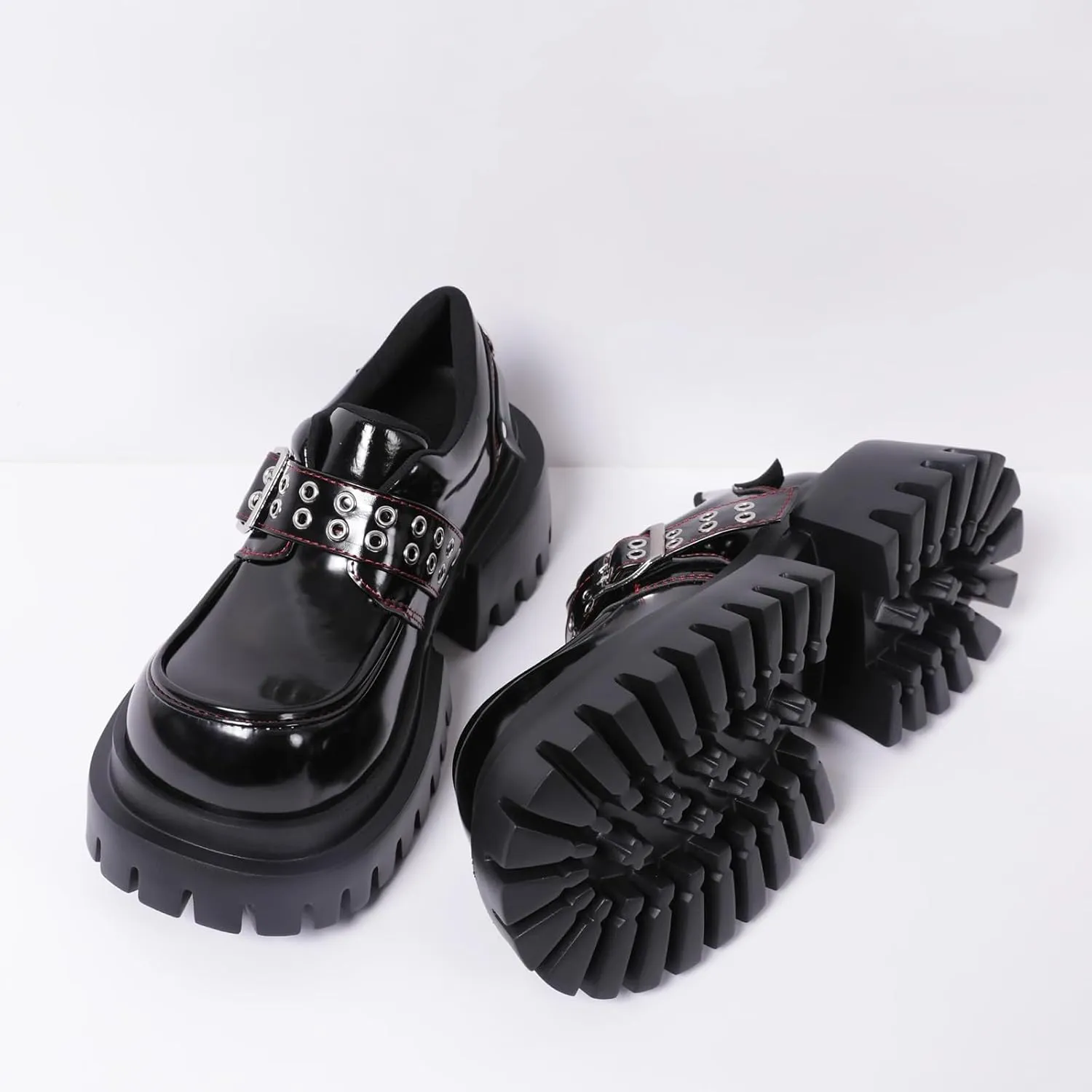 Women's Patent Leather Double-Breasted Chunky Platform Loafers Retro Round-Toed Lug Sole Anti-Slider Heel Slip-On Gothic Dress Shoes