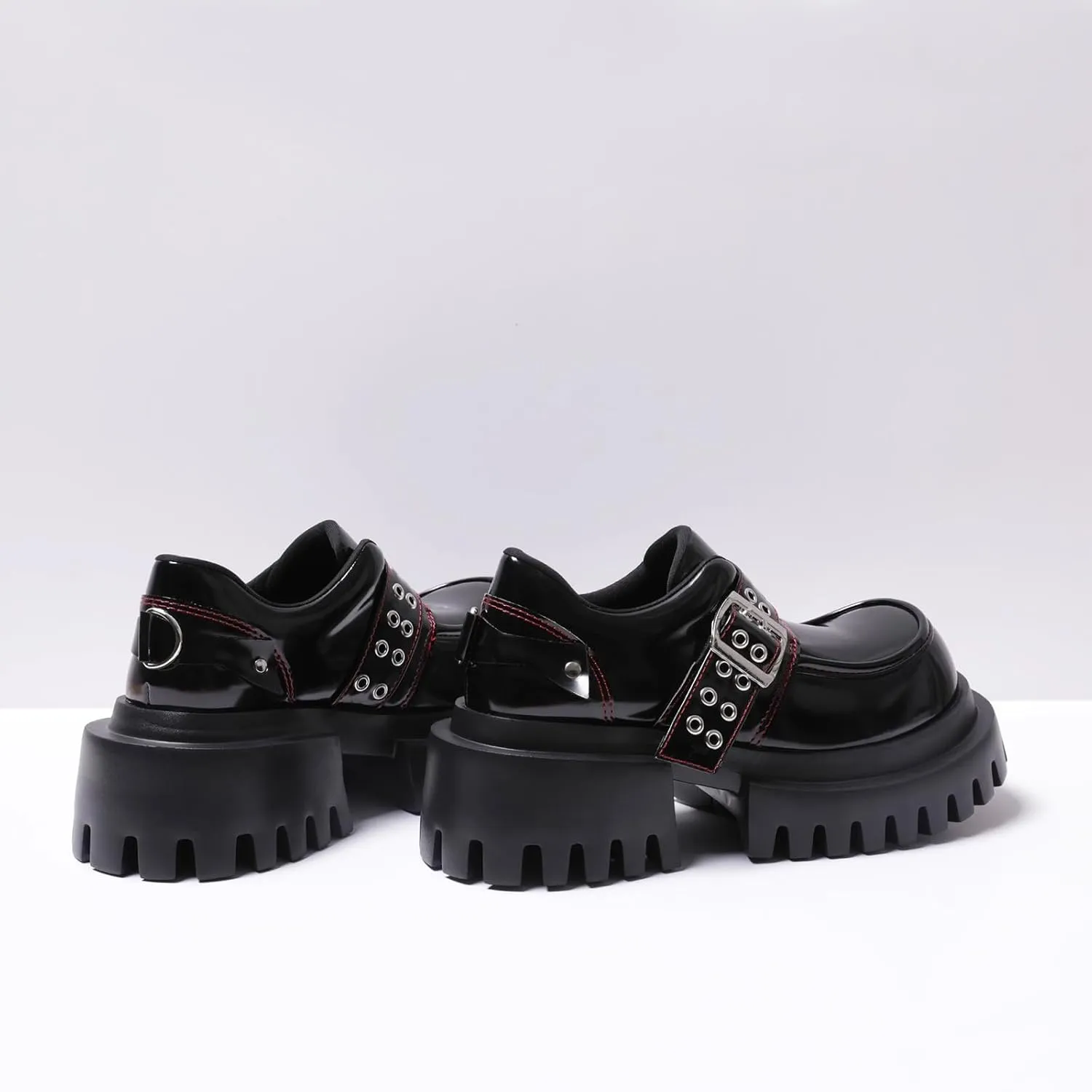 Women's Patent Leather Double-Breasted Chunky Platform Loafers Retro Round-Toed Lug Sole Anti-Slider Heel Slip-On Gothic Dress Shoes