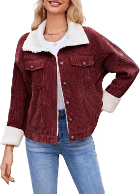 ZAFUL 2024 Womens Sherpa Fleece Jacket Button Down Corduroy Shacket Casual Winter Warm Coat With Pockets